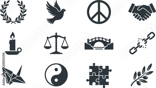 Collection of peace and harmony symbols in minimalist black vector style.