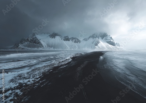 Dramatic winter landscape with snow covered mountains and dark cloudy sky mountains landscape wilderness geography environment dramatic climbing altitude exploration expedition climatology