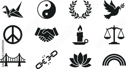 Collection of various symbolic black icons for peace and harmony.
