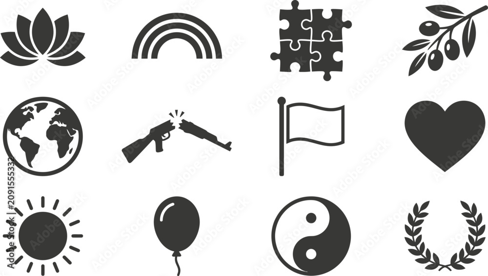Obraz premium Collection of minimalist vector icons featuring symbols of peace and nature.