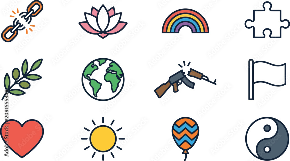 Obraz premium Set of colorful hand drawn doodle icons representing various peace and nature concepts.