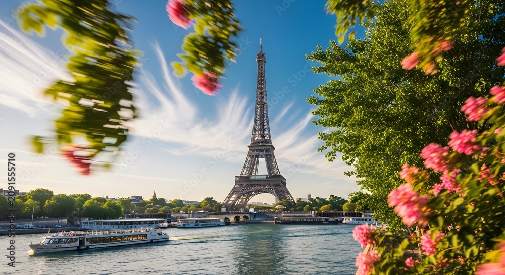 Obraz premium Eiffel Tower and boats on river in Paris