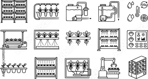 Konstfotografi Black  White Line Art Icons of Vertical Farming, Hydroponics, and Smart Agriculture Systems