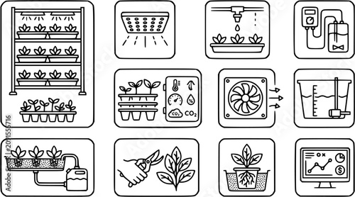 Foto Indoor Farming and Hydroponics Black and White Line Art Icon Set