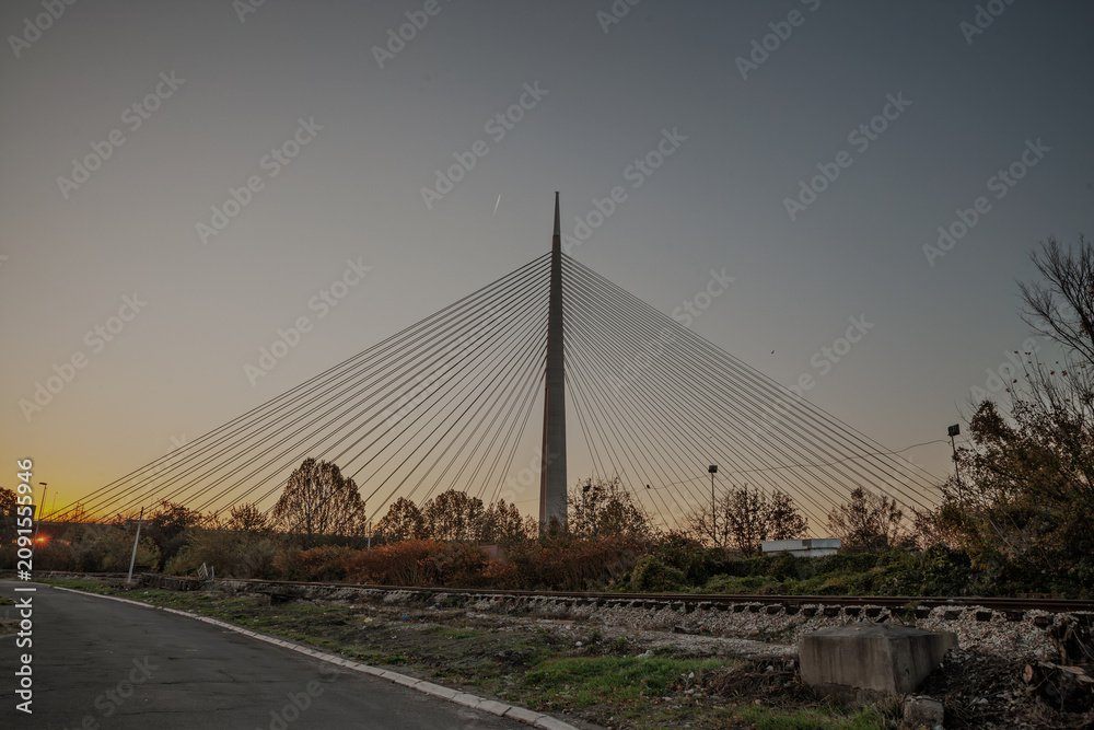 Obraz premium Ada Bridge, or Most na Adi, seen at dusk with its central pylon, radiating suspension cables, railway tracks and the Sava River area framing a modern city landmark in the Serbian capital in Belgrade.