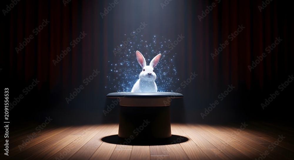 Fototapeta premium White rabbit emerging from black magician hat