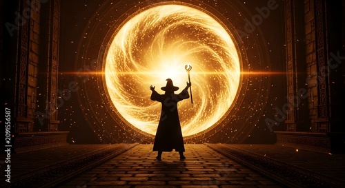 Wizard silhouette facing large swirling golden magic portal