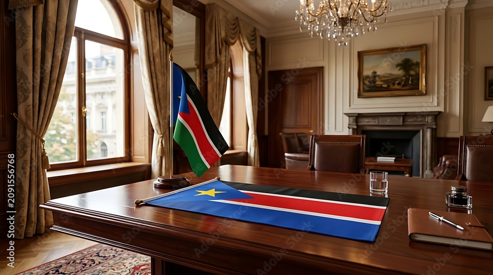 Obraz premium South Sudan National Flag on a Polished Wooden Desk in a Formal Diplomatic Office or Government Room
