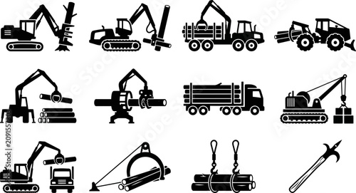 Принти на полотні Set of forestry machinery and logging equipment icons in black silhouette