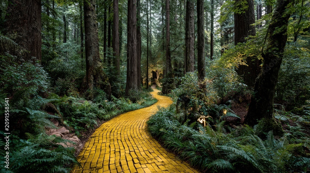 Fototapeta premium Wide view of yellow brick path winding through a dark enchanted forest.
