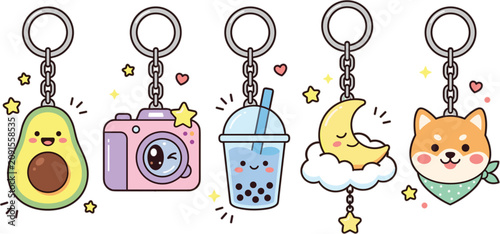 Konstfotografi Cute cartoon keychains vector collection featuring happy avocado camera bubble t