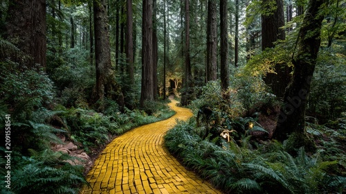 Wide view of yellow brick path winding through a dark enchanted forest.