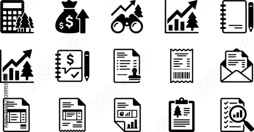 Set of black business and finance icons.