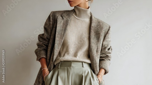 Woman's business casual outfit featuring a wool blazer and knit turtleneck.