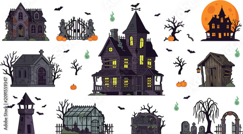 Fotografie Spooky Halloween haunted house vector illustration collection featuring scary ma