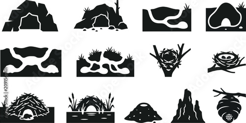 Tableau sur toile Set of black silhouette icons featuring various animal habitats and homes