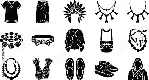 Bild auf Leinwand Collection of Native American traditional clothing and accessories icons
