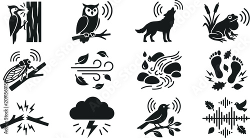 Foto Set of Nature and Wildlife Sound Icons in Silhouette Style.