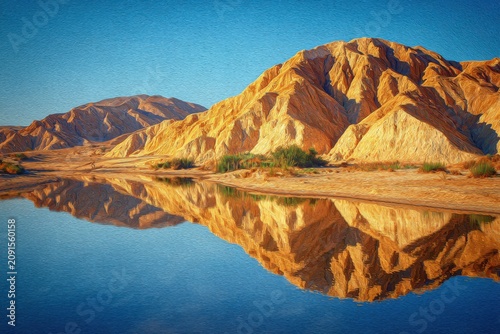 Golden desert mountain reflection in still water reservoir with mountain reflection landscape sunlight reservoir formation wilderness tranquil environment panoramic geological pristine