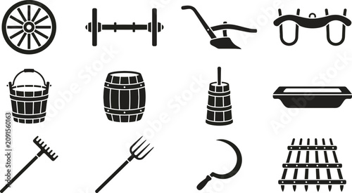 Quadro su tela Set of twelve black and white rustic farming and agricultural tool icons