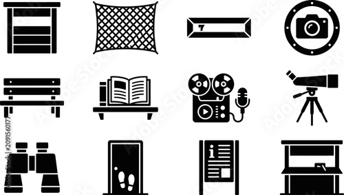 Set of black and white icons representing various leisure and utility objects.