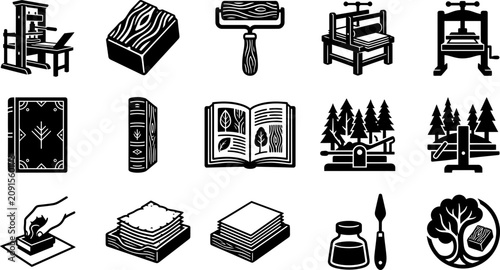 Foto Set of black and white woodcut style icons for printmaking and bookbinding