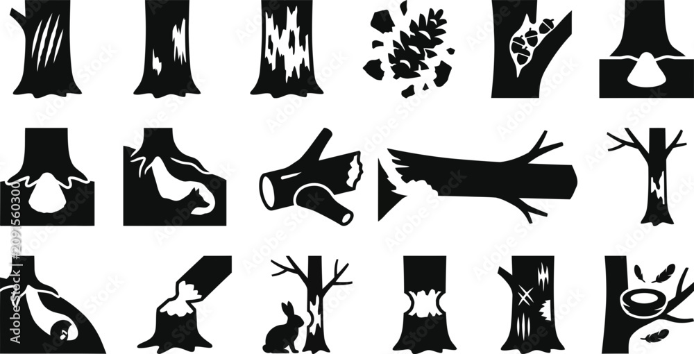 Obraz premium Set of monochrome tree damage and forest wildlife impact icons.