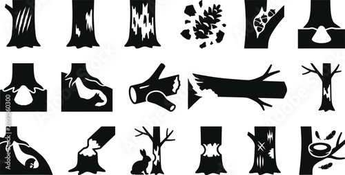 Quadro su tela Set of monochrome tree damage and forest wildlife impact icons.