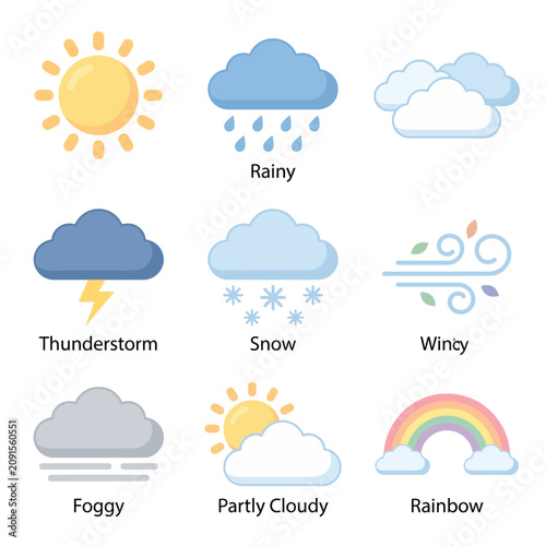 Canvastavla Weather Icons Set Sunny Rainy Cloudy Snow Storm Windy Foggy Rainbow
