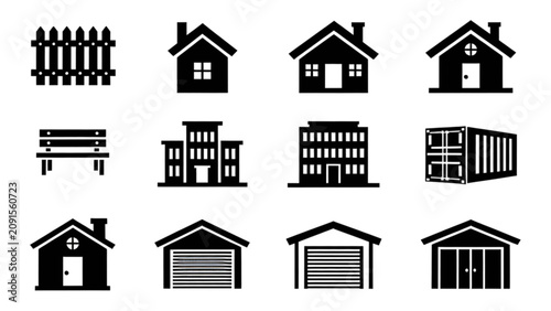 Fotografie Set of simple black icons depicting various types of houses buildings garages an
