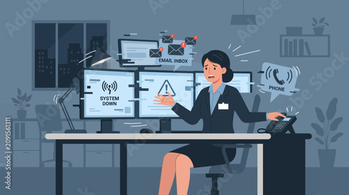 Overwhelmed Woman Stressed by Workstation Issues and Incoming Calls