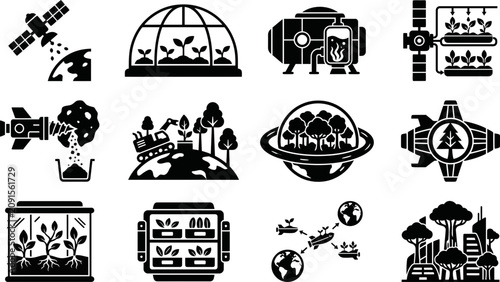 Photos Set of space farming and futuristic agriculture technology icons.