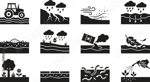 Fotografie Set of soil quality and land management icons.
