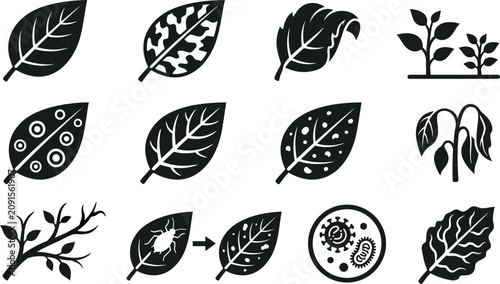 Εκτύπωση καμβά Set of black and white plant disease and leaf damage icons.