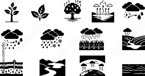 Canvastavla Set of water cycle and environmental process icons.