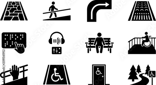 Set of black accessibility icons representing inclusive design and public facility features.
