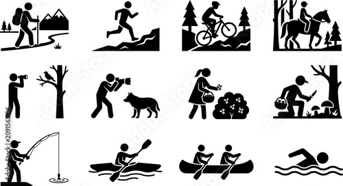 Foto Set of outdoor recreation and nature activity black silhouette icons