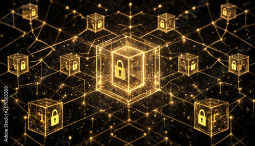 Decentralized blockchain network mesh of glass cubes containing golden padlock icons
