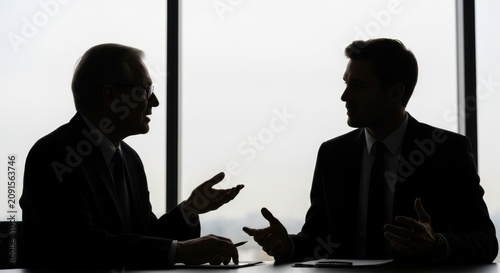 Two professional business people sit at a conference table by the window to discuss important corporate strategies while they focus on their productive conversation during a high level office