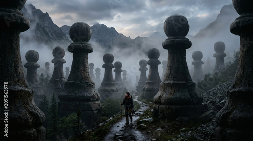 Tiny Human Explorer Navigates Giant Chess Pieces in Misty Mountains