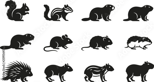 Tableau sur toile Set of silhouettes representing various small wild rodents and mammals