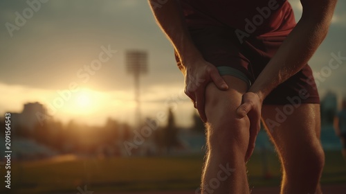 Runner on a track grabbing a painful thigh muscle with a strained expression, warm sunset light casting long shadows, symbolizing sports injury and endurance