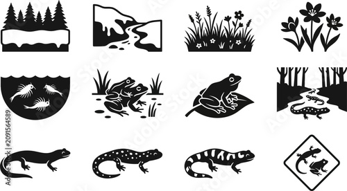 Cuadro en lienzo Collection of black and white amphibian and nature silhouette icons