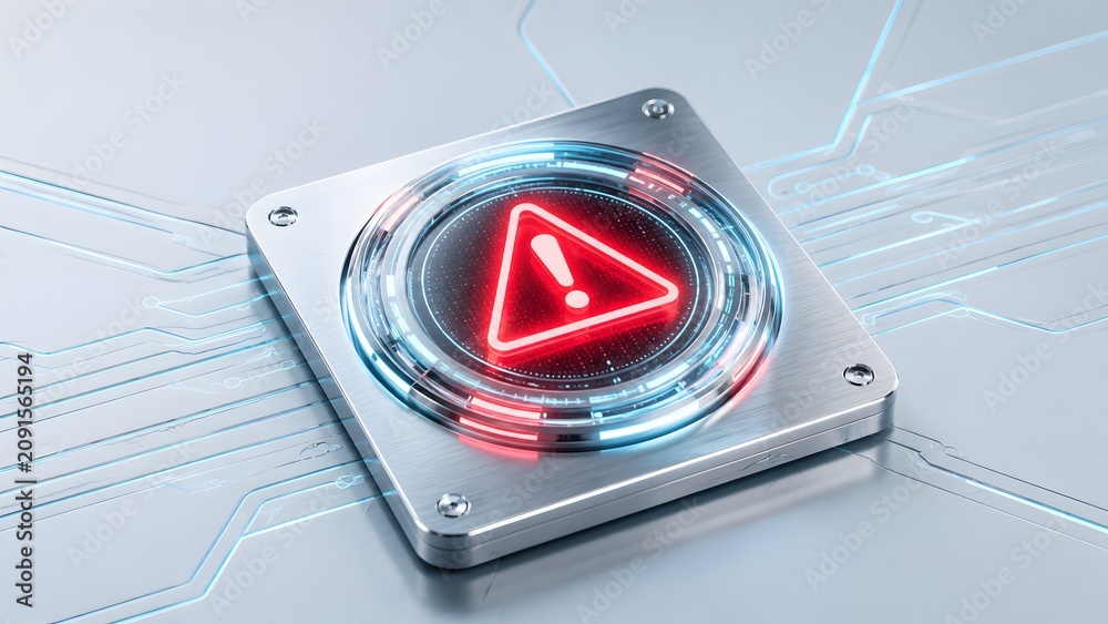 Fototapeta premium Minimalist metallic square button on clean digital interface displaying glowing red warning triangle for critical system error notification and cyber security vulnerability alert