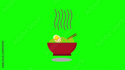 Animated hot ramen noodle bowl with rising steam on green screen background. Chroma key overlay perfect for restaurant menu, asian food, and video editing projects