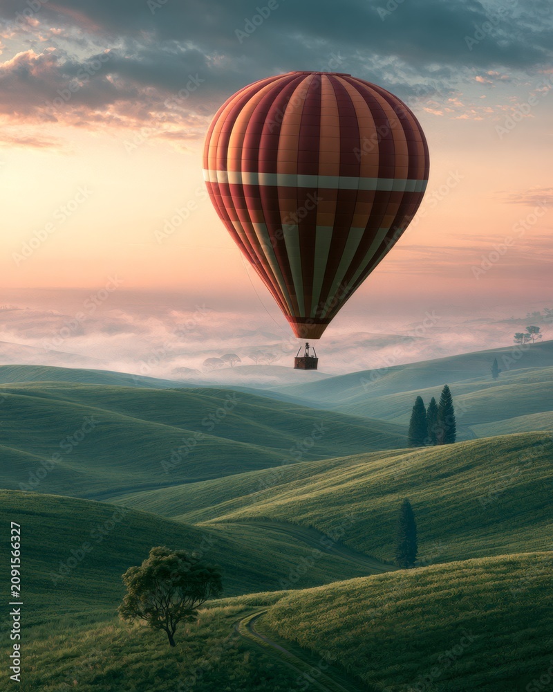 Fototapeta premium Hot air balloon floating above farmland