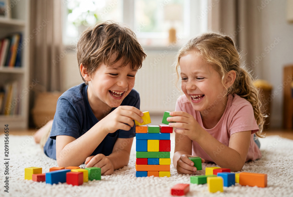 Obraz premium Happy boy and girl playing with colorful wooden building blocks at home
