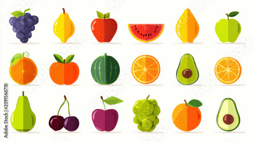 Flat Design Vector Collection of Fresh Healthy Fruits and Nutritional Produce