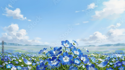 Painterly field of blue nemophila flowers under a bright sunny sky