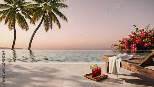 Two red cocktails on a wooden tray by an infinity pool with palm trees at sunset